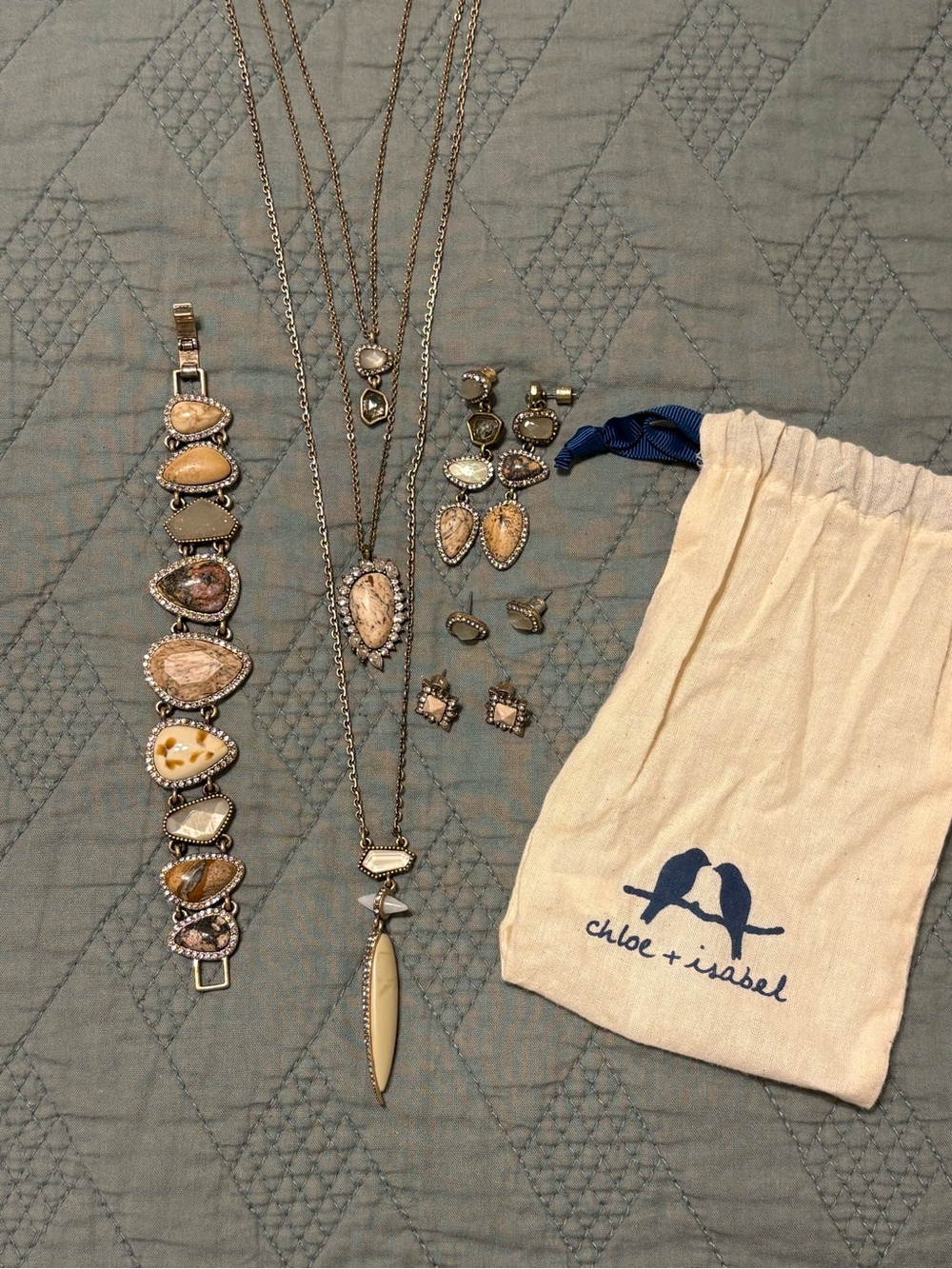 Chloe + Isabel Neutral Stone Bracelet and Necklace Set - Beige and Gold Tones